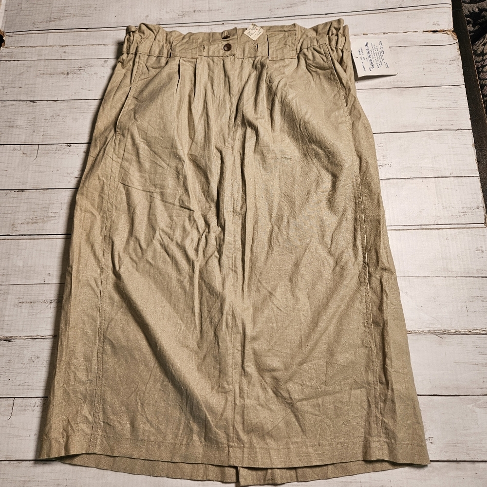 Vtg Eileen & Co Ramie Cotton Pleated Midi Skirt Beige Tan Boho Size 15/16 NWT